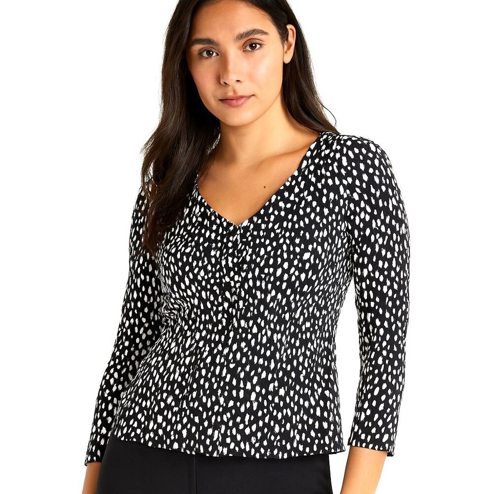 J Crew Black White Print Satin Crepe V-Neck Long Sleeve Peplum Top Womens Size 2